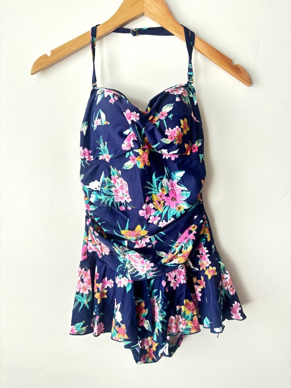 Shore Shapes Swimdress One-Piece Tropical Floral Ruched Blue Size 8 Cups